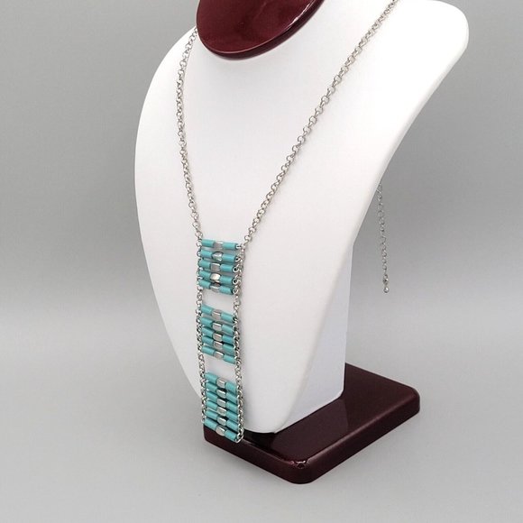 Womens Blue Beads Drop Pendant Silver Tone Round Link Chain Necklace 24 in - Picture 4 of 8